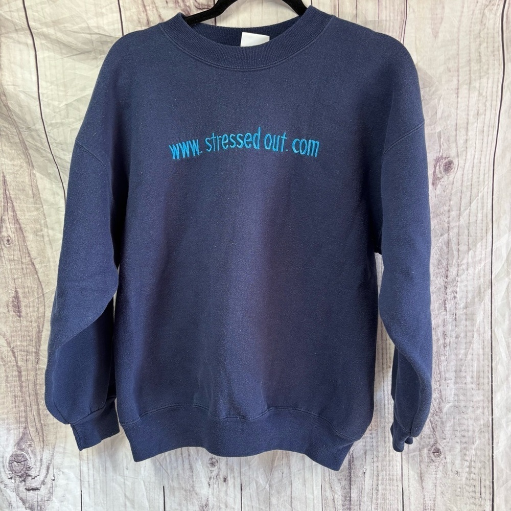 Vintage Stressed Out Embroidered Navy Blue Crewneck Sweater large